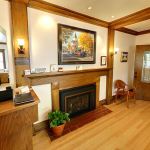 Front desk next to fireplace